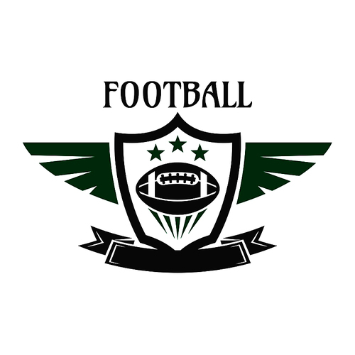 American football sports team sign of ball with stars, framed by winged heraldic shield with ribbon banner below. May be used as sporting badge, insignia or emblem design