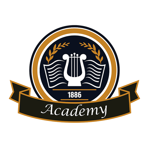 Music and arts academy round badge with vintage lyre and book decorated by laurel wreath and ribbon banner. Educational institution heraldic insignia or art education theme design usage