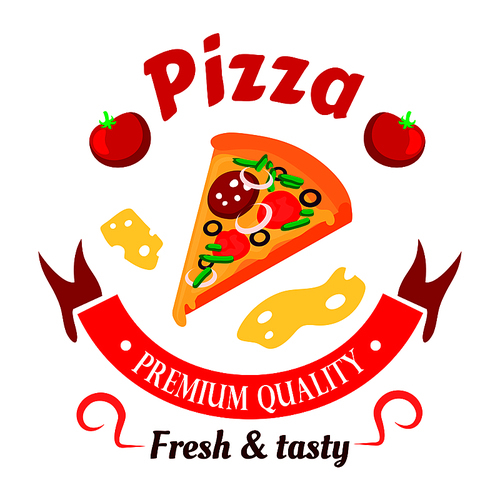 Premium italian pizza icon topped with salami, olives, tomatoes and peppers vegetables surrounded by ribbon banner, fresh tomatoes and cheese slices arranged into round badge. Great for fast food cafe or pizzeria signboard design