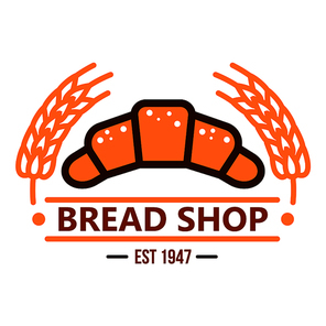 Fresh baked french croissant powdered by sugar retro badge with caption Bread Shop below, decorated by orange wheat ears on both sides. Use as bakery hanging signboard or cafe menu design