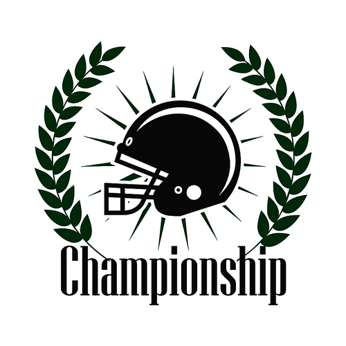 Retro sporting icon of american football protective helmet with sun rays, supplemented by heraldic laurel wreath with caption Championship. Football sporting tournament badge or team insignia design