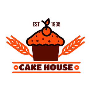 Retro badge for cake house and pastry shop design with chocolate cupcake topped by cherry. Bakery, cafe or pastry shop menu board design