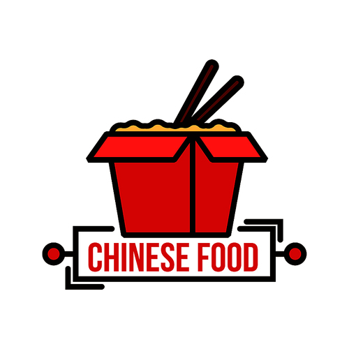 Takeaway chinese food badge of red paper noodle box with wok fried noodles and chopsticks. Use as food packaging or delivery service design. Thin line style