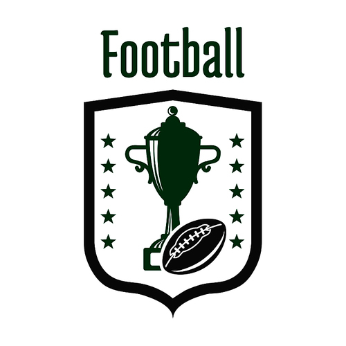 Football game sporting competition badge design template with sign in a shape of a shield with trophy cup and american football ball, flanked by rows of stars. Football championship theme design usage
