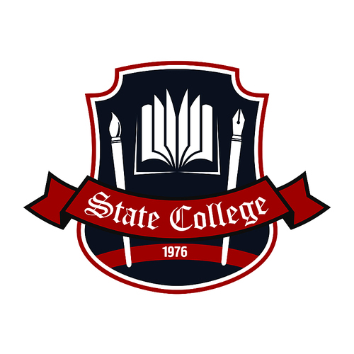 Arts school retro badge with book, ink pen and paintbrush on dark gray shield with red ribbon banner. Use as liberal arts heraldic insignia or educational institution theme design