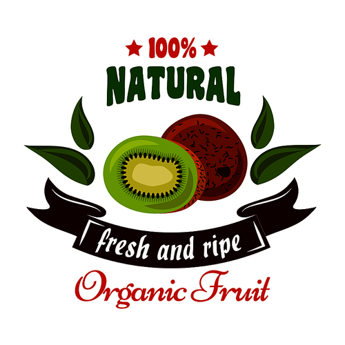 Organic fruits retro symbol of tropical fresh kiwi fruit with juicy slice, green leaves and brown ribbon banner below. Natural organic fruits badge, greengrocery and farm market design