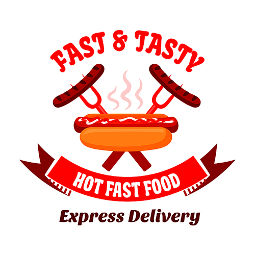Grill bar symbol of hot dog seasoned with ketchup and mayonnaise sauces and crossed bbq forks with grilled sausages on the background. Great for menu or food delivery service badge design