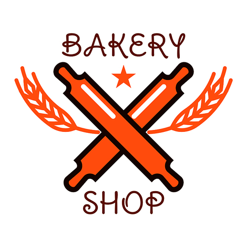 Bakery shop sign of crossed wooden rolling pins with cereal ears, crowned by star. Retro stylized bakery badge or pastry shop menu design usage