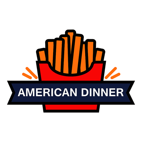 American fast food dinner retro badge with takeaway red paper box of french fries. Use as fast food cafe menu or food delivery service design. Thin line style