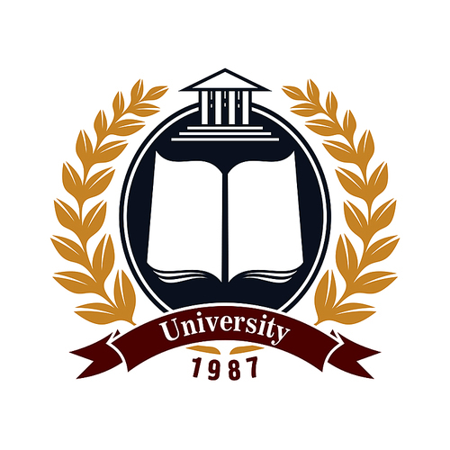 University insignia with open book in oval gray frame, decorated by laurel wreath and wavy red ribbon banner below. Great for school, college or academy heraldic symbol design usage