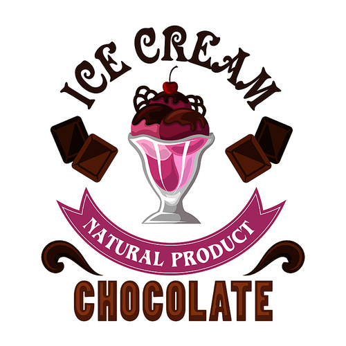 Cherry ice cream dessert icon served in tall glass with chocolate sauce, garnishes and maraschino cherry on the top. Fruity sundae, encircled by chocolate bars and splashes for cafe symbol or dessert menu design
