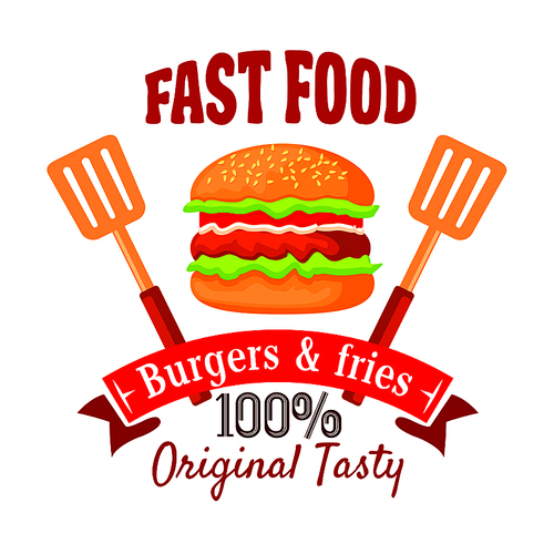 burger shop badge design  of fast food hamburger with beef patty, salad, tomato and onion s on sesame bun, flanked by spatulas and ribbon banner with text burgers and fries. fast food cafe takeaway menu design usage