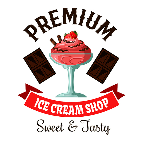 Ice cream shop symbol of strawberry gelato with chocolate and fresh fruit toppings, flanked by dark chocolate bars and vintage pale pink ribbon banner below. Great for takeaway ice cream cup or dessert menu design usage