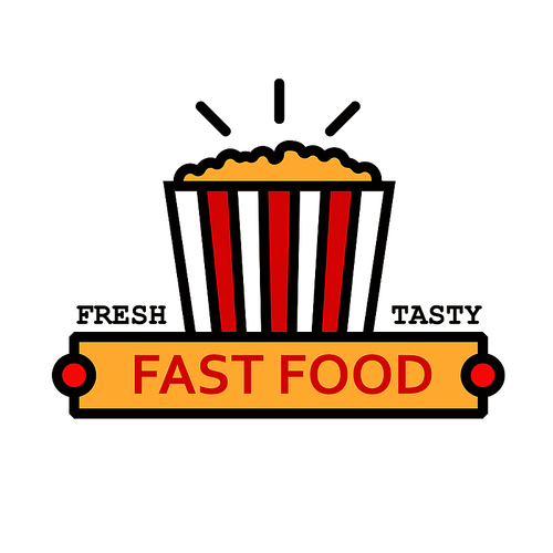 Fresh popcorn linear icon with takeaway striped bucket of caramel corn standing on yellow banner with caption Fast Food. Movie theater fast food cafe menu or hanging signboard design