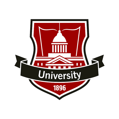 Heraldic badge of university with white silhouette of educational institution building with open book, placed on a shield with curved ribbon banner and foundation date. Great for education design