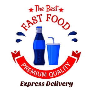 Sweet soft beverages icon of glass bottle and fast food takeaway cup of soda drinks decorated by stars, water splashes and ribbon banner below. Use as fast food cafe or food delivery service design