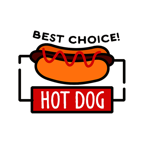 Thin line retro badge for hot dog shop design with fast food sandwich filled with smoked sausage and ketchup. Great for fast food cafe signboard or takeaway package design