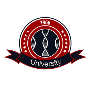 Retro round insignia with DNA helices, encircled by stars and heraldic ribbon banner with text University. Great for medical and science educational institution design usage