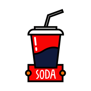 Takeaway fast food soft drinks icon with blue and red paper cup of sweet soda with drinking straw. Use as cafe menu board or takeaway cup design. Thin line style