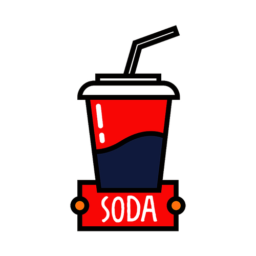 takeaway fast food soft drinks icon with blue and red paper cup of sweet soda with  straw. use as cafe menu board or takeaway cup design. thin line style