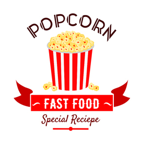 Takeaway sweetened popcorn icon in red and white striped bucket, decorated by ribbon banner with caption Fast Food. Use as cinema fast food cafe badge or food packaging design