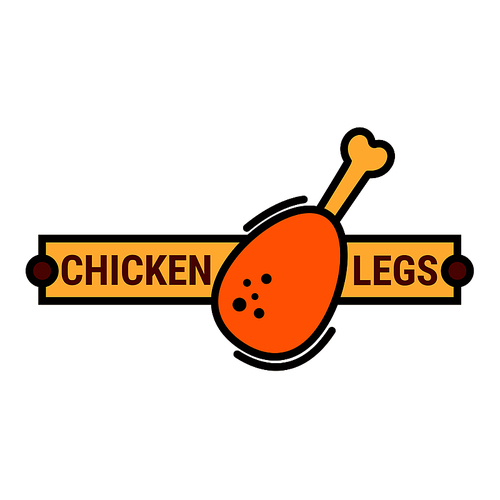 Fried chicken fast food restaurant symbol of buttered chicken leg with yellow banner on the background. Use as takeaway food packaging or menu design element. Thin line style