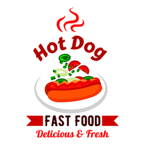 Takeaway fast food sandwiches menu design element with hot dog, garnished with mustard, ketchup, fresh tomatoes, cucumbers and onions vegetables. Fast food hot dog with fresh vegetables and sauces design template