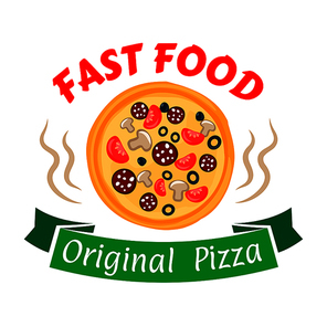 Hot and spicy pepperoni pizza symbol with sausages and cheese, olives, tomatoes and mushrooms toppings. Fast food pizza icon with green ribbon banner for pizzeria and cafe design