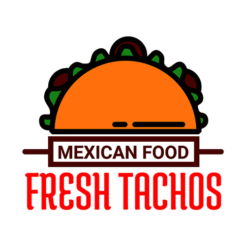 Authentic mexican food restaurant thin line symbol of fresh crispy taco filled with beef and vegetables. May be use as takeaway food packaging or cafe interior design
