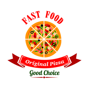 Pizzeria badge design template with sliced pizza topped with shrimps, italian prosciutto, olives, tomatoes and basil. Great for pizza delivery symbol or takeaway box design