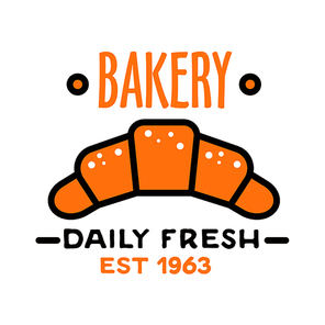 Daily fresh bakery flat linear badge with powdered fresh croissant, supplemented by date foundation below. Bakery shop design template for signboard or kraft paper bags