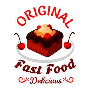Fast food sweet treats symbol with brownie cake topped with chocolate sauce, vanilla cream and cherries fruits. Chocolate cake badge for pastry shop or fast food dessert menu design