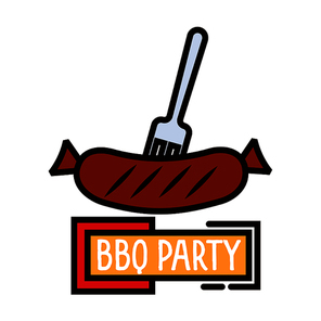 Grilled sausage on barbecue fork colorful thin line symbol with yellow banner BBQ Party. Great for restaurant grill menu or outdoor party invitation design