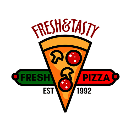Retro badge of original italian pizza topped with sausages, mushrooms and cheese adorned by red and green banner with caption Fresh Pizza. Great for pizzeria signboard or takeaway box design