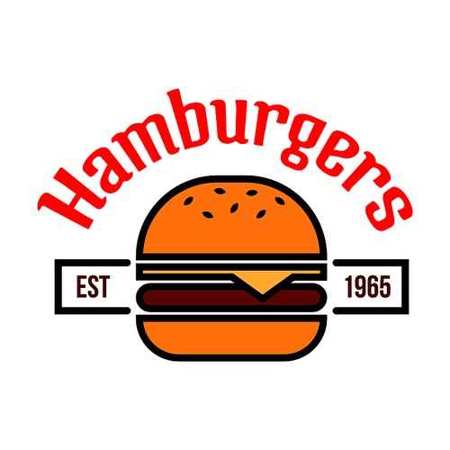 Fast food burgers badge with thin line cheeseburger on sesame bun with swiss cheese topped by header Hamburgers. Fast food cafe signboard or takeaway food packaging design