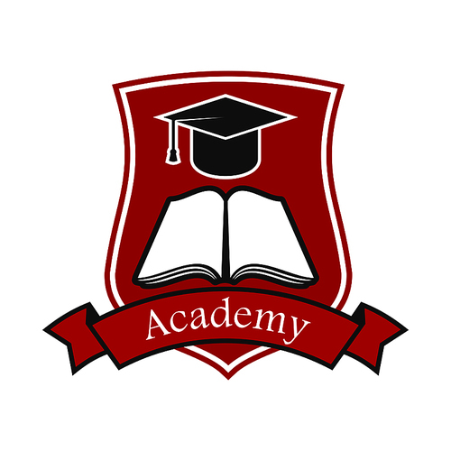 Academy shield emblem design with book, graduation cap and red ribbon. Vector crest icon for university, college, school. Education and study graphic illustration.
