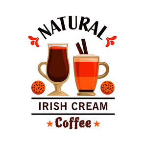 Coffee Irish Cream and cookies. Cafe emblem vector design for label, promo icon, cafeteria signboard, fast food menu, coffee shop