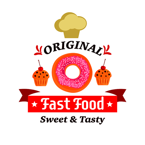fast food desserts label. donut, muffin and chef cap vector icons. creamy cupcakes with cherry.  for cafe menu card, cafeteria signboard, poster, sticker