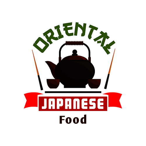Japanese food icon. Teapot and chopsticks label. Oriental cuisine emblem for restaurant, eatery menu. Advertising sticker for door signboard, poster, leaflet, flyer