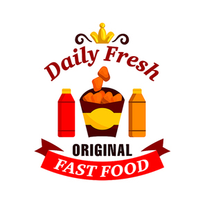 Fast food label. Vector icon with chicken nuggets, ketchup, mustard, golden crown, red ribbon for restaurant menu, eatery signboard, cafe sticker