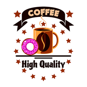 Cafe menu icon. Coffee cup and donut with golden stars, ribbon, coffee beans. Advertising design for cafeteria menu card, signboard, fast food label, coffee shop emblem