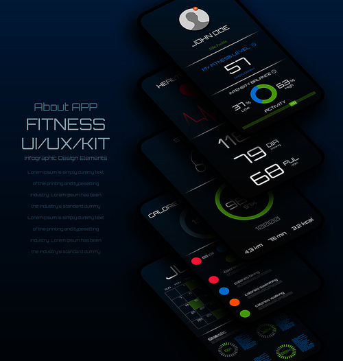 Different UI, UX, GUI Screens Fitness App. Mock Up Mobile App, Analysis - Illustration Vector