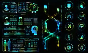 Health Care and Medical Researches, HUD Elements. Futuristic Diagnostic Panel. Medicine and Chemical Engineering - Illustration Vector