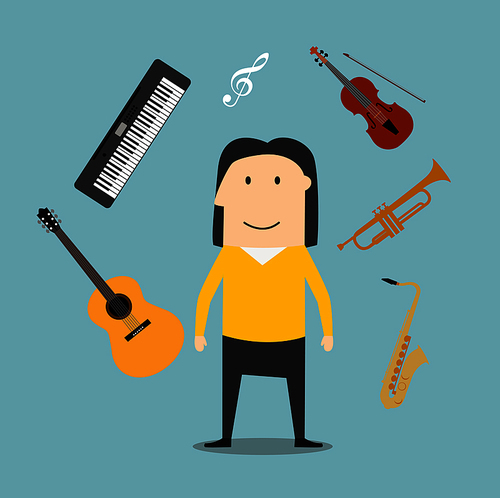 Musician profession icons with man surrounded by electric guitar and trumpet, violin and saxophone, treble clef and synthesizer musical instruments