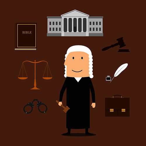 Judge profession icons with judge man in mantle and wig, encircled by law book, gavel, prisoner photo, court building, scales, paper scroll and briefcase