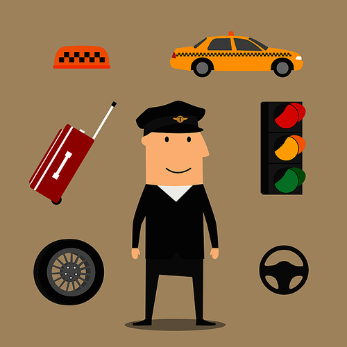 Taxi driver profession icons with man in uniform, yellow car and luggage, steering wheel and navigation map, traffic light and checkered roof sign