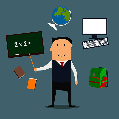 Teacher profession concept with man encircled by blackboard with chalk formula, books and pen, laboratory flasks and school bag, exercise book with geometric figures and triangle ruler