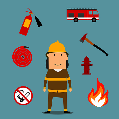Firefighter profession icons with fireman in red protective helmet and suit, flanked by fire axe, conical bucket and shovel, extinguisher and fire alarm, hydrant and prohibition sign