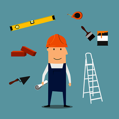 Builder profession concept with man in yellow hard helmet and overalls with trowel, brick and measuring tape, folding ladder and level tool, paintbrush with paint can and wheelbarrow