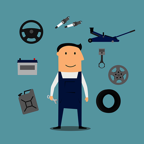 Mechanic profession and equipment with man in uniform overalls and cap, tyre and jack screw, wheel and piston crankshaft, wrench and motor oil, canisters and battery icons
